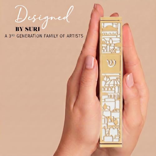 Image of SURI Mezuzah for Door with Scroll, 7 Inch Gold and White Mezuzah Case with Non Kosher Scroll Inside, Fits a up to 6 Inch Scroll, Includes Adhesive and Gift Box