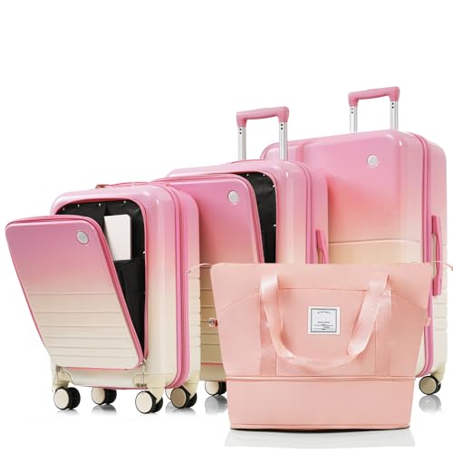 Simplify Travel with 4-Piece Luggage Set, USB Port, Front Opening Design, Airline Certified, Expandable, Pink