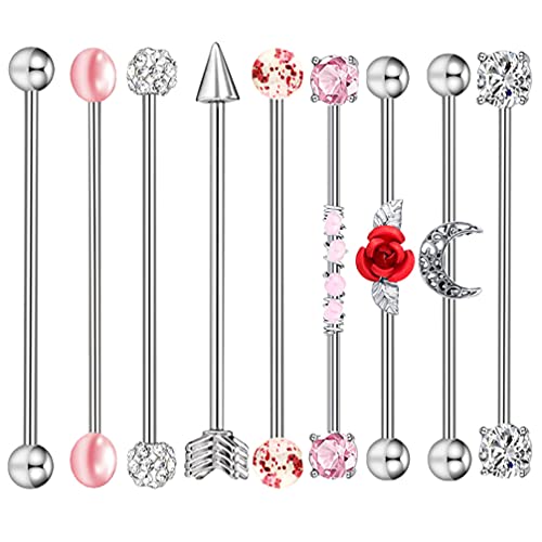 14G 9Pcs Industrial Barbell Stud Earring, Stainless Steel Cartilage Body Piercing Jewelry/ Rose/ Halb Moon/ Rhinestone Ball, Industrial Piercing Bar For Women, 38Mm, Pink, 4434616Ri6H5 #TOP1