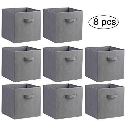 COMOTS Toile Pliable Boîte de Rangement Boîte Pliable en Tissu Carrée Cubes Organiseur Panier Poubelle pour Le Lavage à Linge, Jouets, Vêtements, avec Poignée  Gris (lot DE 8)