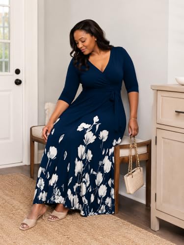Image of SUZONANA Plus Size Dresses for Women Floral Print Maxi Dress Flowy 3 /4 Sleeve with Belt