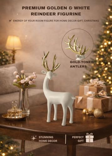 Image of ARMONIA Premium White Reindeer Figurine with Gold-Toned Antlers,Home Decor,Lightweight & Durable | Resin Golden & White Reindeer Sculptures | Energy of Your Room Figurine for Home Decor Gift,Christmas