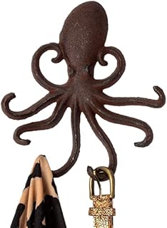 Cast Iron Octopus Wall Hook  Decorative Swimming Octopus Tentacles Key Hook for Entryway, Door way or Bathroom  Novelty Wall Décor  Rustic Brown Color with Screws and Anchors Included