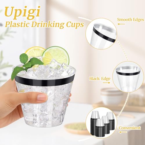 Image of 120 Pcs Black Plastic Cups,9Oz Black Rimmed Plastic Cups,Heavy Duty Clear Disposable Plasitc Cocktail Tumblers Wine Cup for Party,Wedding,Birthday,Christmas