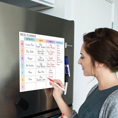 Image of WallDesign Magnetic Meal Planner Whiteboard for Fridge, (12x12 Inch) - Weekly Dry Erase Planner, Reusable Kitchen Organizer, to Do List for Home, Family, Personal, Students - Includes 3 Marker Pens