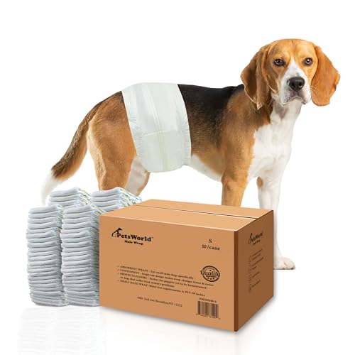 PetsWorld Dog Diapers Male Small - 50 Count Disposable - Super Absorbent, Fur-Friendly Belly Bands with Wetness Indicator - Adjustable Dog Wraps for Incontinence & Training (Waist 10-12 in)