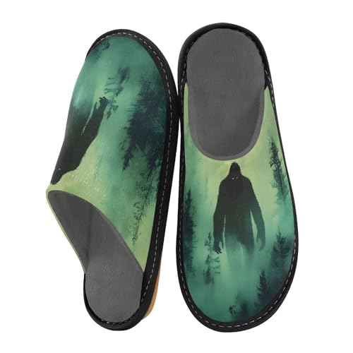 Green Sasquatch House Slippers for Women Men, Warm Slipper Rubber Sole Memory Foam Indoor Outdoor 4-5