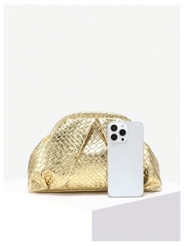 Image of OYOANGLE Women's Minimalist Woven Leather Clutch Purses Textured Kiss Lock Pleated Vintage Evening Handbags