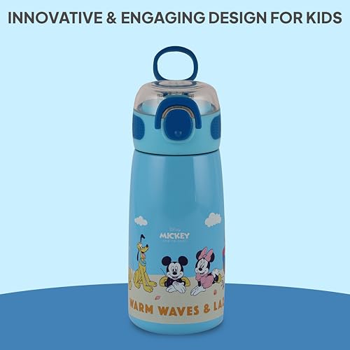 Image of Cello Kidzbee Flare 450 Insulated Stainless Steel Sipper Water Bottle 444 ml, Light Blue | Mickey Family Cartoon Design Hot & Cold Bottle | Vacuum Insulated Leakproof Easy to Carry Bottle for Kids