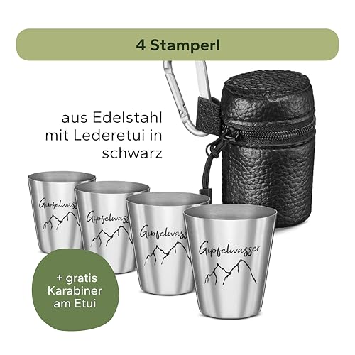 Gipfelgaudi Gipfelwasser Stamperl inkl. Etui I 4 Stamperl im Lederetui mit Karabiner I Federleichte Stamperl aus rostfreiem Edelstahl