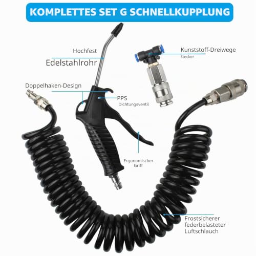 LxsNyvantic Ausblaspistole Set mit 5 m Spiralschlauch, Druckluftpistole schwarz mit 150 mm Edelstahldüse, PPS-Dichtventil, Doppel-Aufhänger & Schnellkupplung, für PC-Gehäuse Auto Möbel Luftreinigung