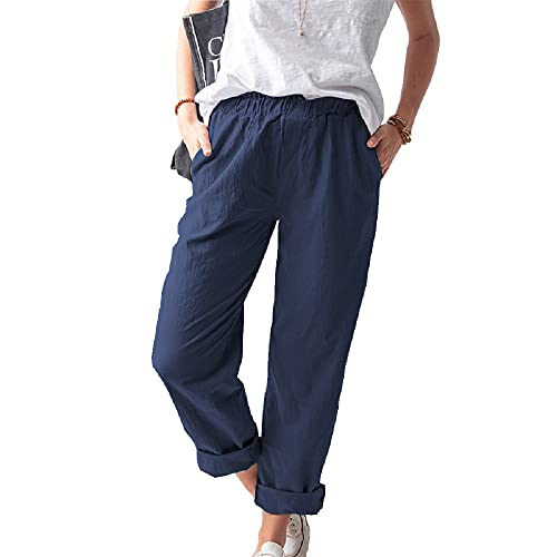 Women's Straight Pants Elastic Waist Casual Trousers Pants with Pockets Navy Blue