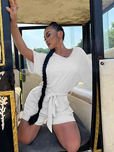 Xxtaxn Women's Summer Casual Loose V Neck Short Sleeve Elastic Party Jumpsuit Rompers With Belt White #TOP4