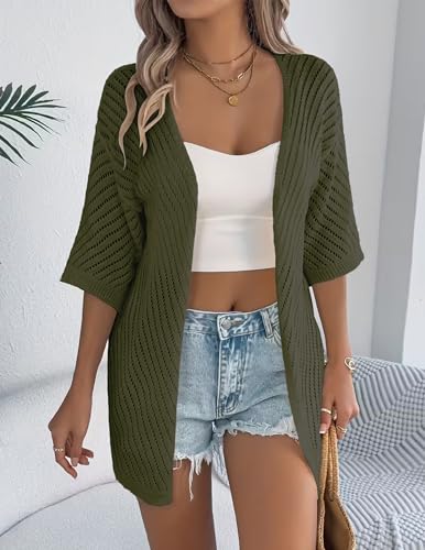 Image of Zeagoo Lightweight Summer Cardigan for Women Short Sleeve V Neck Crochet Kimonos Loose Open Front Hollow Out Cover Ups