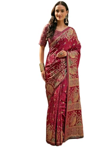 Image of Satrani Women's Crepe Foil Printed Weaving Banarasi Saree with Unstitched Blouse Piece