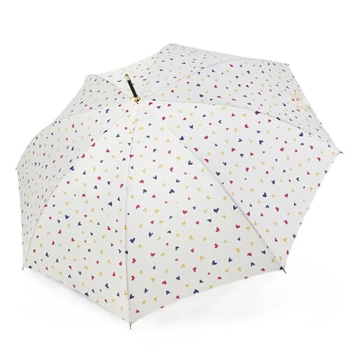 Meichoon Guarda-chuva automático leve portátil compacto com cabo comprido de tecido revestido de vinil para proteção solar e chuva design minimalista às riscas padrão de coração branco