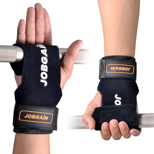 JOBGAIN Weight Lifting Wrist Strap, Double Layer Leather Wrist Strap for Deadlift and Powerlifting, Adjustable Neoprene Padded Wrist Wraps, for Men & Women, 1 Pair, Black
