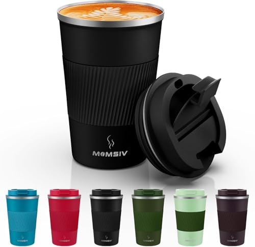 MOMSIV 12oz Travel Mug, Insulated Coffee Cup with Leakproof Lid, Vacuum Stainless Steel Double Walled Reusable Tumbler for Hot and Cold Water Coffee and Tea In Travel and Car (Black - 380ml)