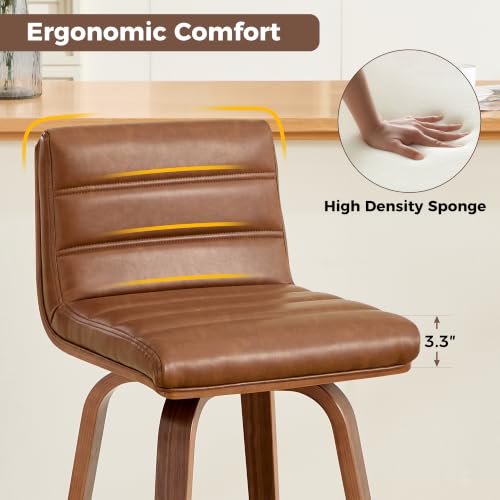 Image of Swivel Bar Stools Set of 3,26 inch Faux Leather Counter Height Barstools with Back,Mid Century Modern Upholstered Bar Chairs with Bentwood Legs Island Stools for Kitchen Counter Brown
