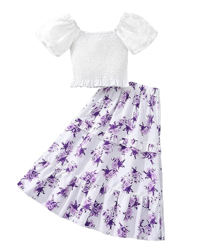 Image of Little Girls Two Pieces Shirred Puff Sleeve Ruffle Hem Tops and High Elastic Waist Ruffle Floral Skirt Sets