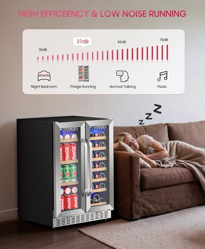 EORICE 24 Inch Under Counter Beverage Refrigerator, 21 Bottle & 60 Cans Dual Zone Wine Refrigerator with Glass Door, Beverage and Wine Fridge with Temperature Range 35-50℉ & 41-64℉ - Thumbnail 5