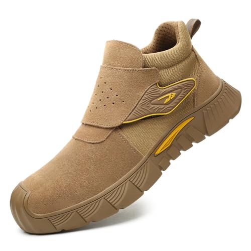 R Win Botas de Trabajo con Puntera de Acero para Soldar de Piel de Gamuza Antideslizantes Media Parte Superior Zapatillas de Seguridad Zapatos Industriales de Construcción