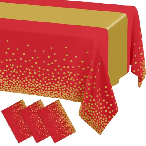 Image of Smiry Plastic Table Cloth Disposable 3 Pack, 54 x 108 Inch Rectangle Waterproof Tablecloth, Printed Gold Table Runner Style for Birthday Weeding, Party Decorations, Leakproof & Sturdy, Gold and Red