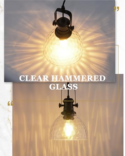 Image of 2-Pack 7.5 inch Black Pendant Light Fixtures, Hammered Glass Shade | Farmhouse Vintage Hanging Light Fixture for Kitchen Island Dining Room, Adjustable Height, E26 Base, AD-22151-1P2-BK-H