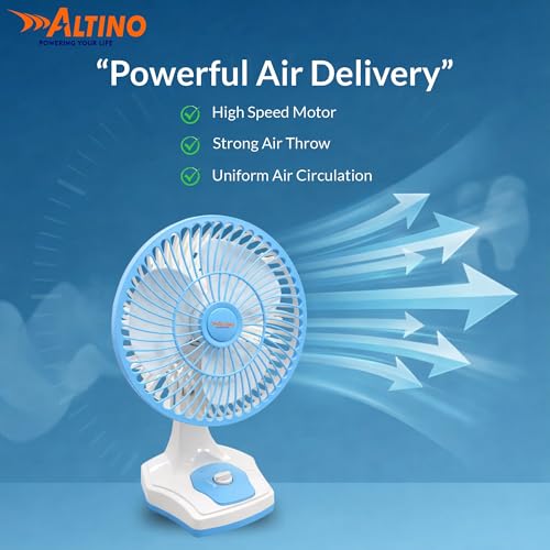 Image of Altino Premuim Powerful Oscillation Table Fan for Home & Office| High Air Delivery| Anti-Dust Decorative Star Rated Table Fan | 3 Speeds | Easy to Clean, 1 Yr Warranty (Blue White, 12 Inch)