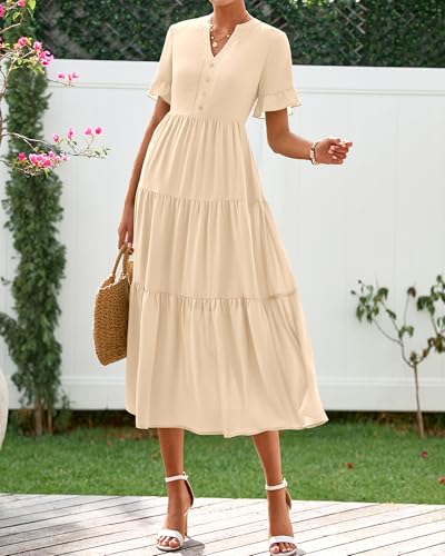 Image of BTFBM Summer Dresses for Women 2025 Vacation V Neck Loose Short Sleeve A Line Tiered Flowy Casual Midi Beach Dress