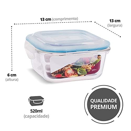 KIT 4 Potes de Vidro Quadrado com Tampa Hermética 520ml Cor:Azul (QH)