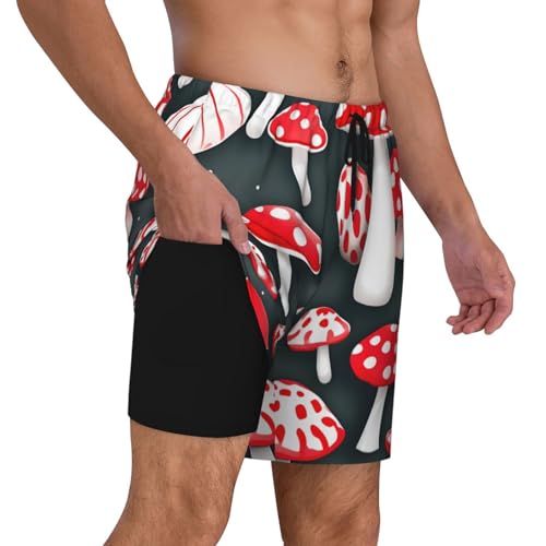 Men's Red White Mushroom Print Quick-Dry Mesh Swim Trunks Stretch Lining Beach Shorts Surfing Summer Vacations