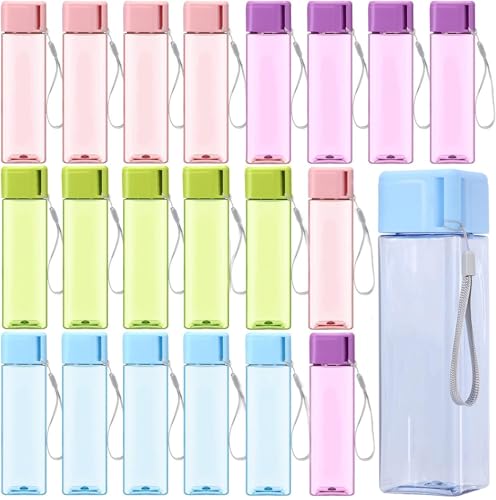 ASMIZ 20 Pack Plastic Water Bottle Bulk for Kids, 500ml Sport Water Drink Bottle, Reusable Lightweight Leakproof Beverage Bottles with Handle Strap for School, Gym, Outdoor Fitness, Travel - Square