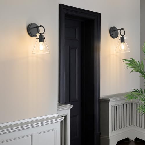 Image of Wall Sconces 2 Pack Vanity Light Fixtures for Bathroom Black | Wall Mount Lighting Lamp, Farmhouse Wall Lights 6'' Clear Glass, Hardwired for Mirror