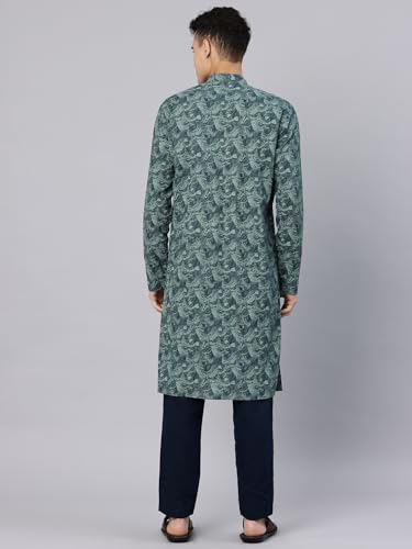 Image of Majestic Man Men's Regular Fit Ethnic Motifs Printed Pure Cotton Long Kurta with Mandarin Collar & Full Sleeves