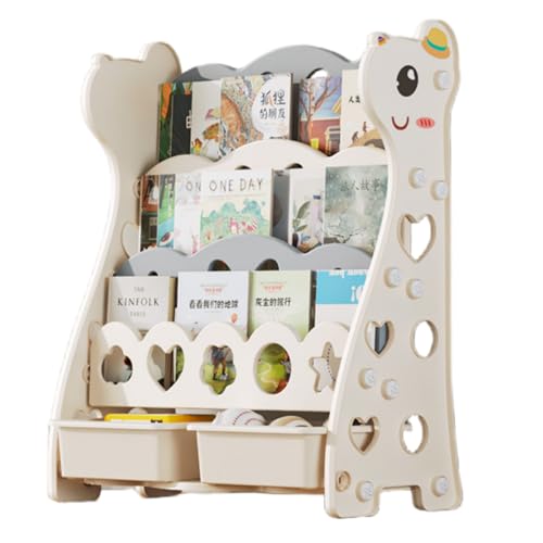 NIGOE絵本棚 絵本ラック 子供用本棚 4段 キッズ 絵本たて おもちゃ収納ラック マガジンラック ディスプレイ 収納 大容量 子供用シェルフ 組み立て簡単 角丸く加工 多機能 収納棚 お 子供部屋 幼稚園 出産祝い (グレー+収納ボックス付き) [並行