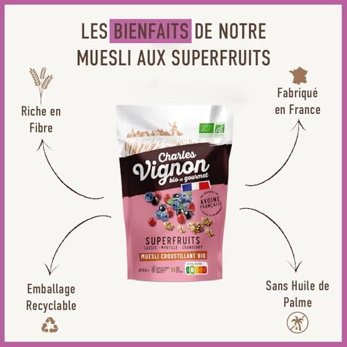 Charles Vignon - Muesli Bio Croustillant Superfruits - Cassis, Cranberries, Myrtilles - Sans Huile de Palme, Riche en Fibres - Sachet Refermable - 375g – vue 5