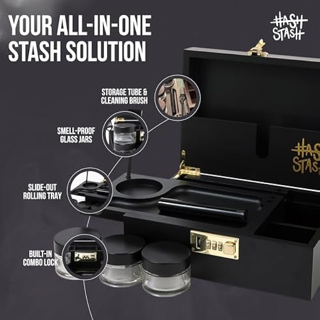 The OG Storage Box - Large Bamboo Box with Combination Lock, Magnetic Lid, Organizer Tray, Airtight Tube and 3 Jars - Discreet Decorative Locking Wooden Box with Accessories (Black/Gold)