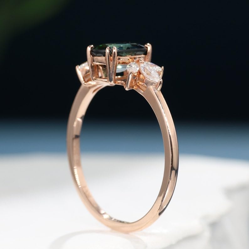 Bague en argent sterling 925 saphir vert naturel et diamants d'exception - 3