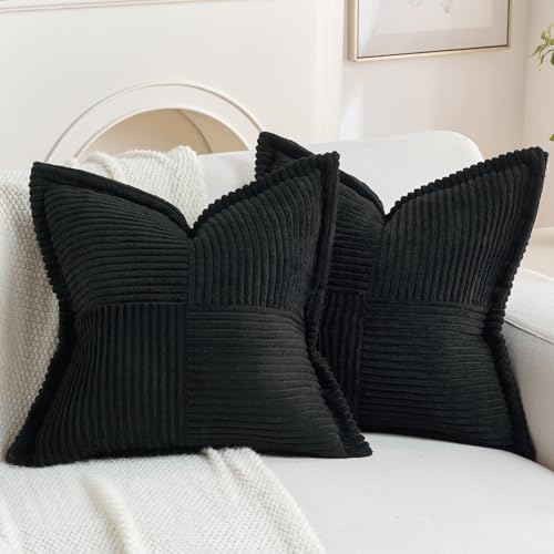 HAUSSY Black 2 Pack 18x18 Inch Corduroy Decorative Throw Pillow