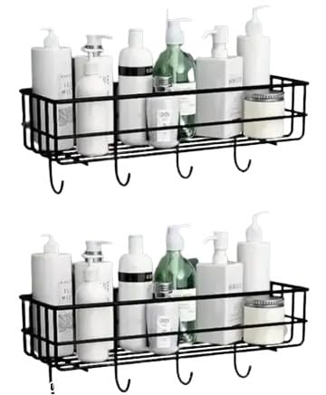 Image of Bathroom Rack - Bathroom Shelves - Kitchen Storage - Multipurpose Rack and Shampoo Holder with 4 Hook - Adhesive Shower Caddy Metal Shelf Without Drilling (Black)