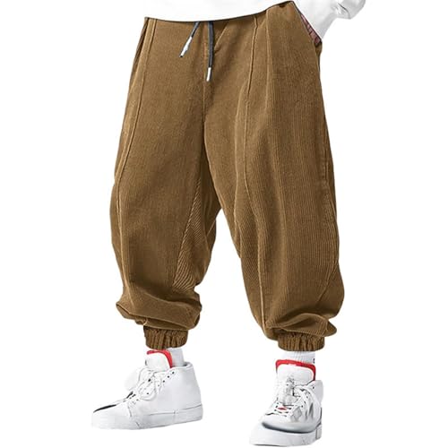 Mens Corduroy Pants Casual Baggy Stripted Pant Fashion Drawstring Textured Classic Sweatpants Retro Streetwear（Light Brown,Large