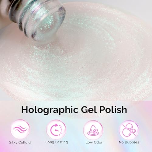 Image of MelodySusie Jelly White Aurora Shimmer Gel Nail Polish, 0.5fl oz Soak Off UV LED Holographic Green Glitter Gel Polish Gift for Women Nail Art Manicure Salon DIY Nail Design Decoration at Home-G2302