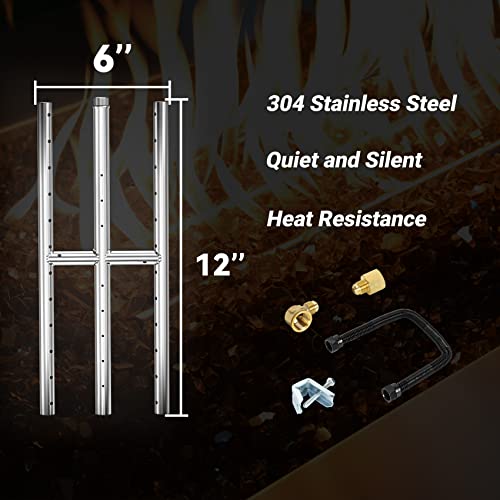Image of Skyflame 12 inch x 6 inch Rectangular Gas Fire Pit and Fireplace H-Burner with 3 Pipes - 304 Stainless Steel - for Indoor & Outdoor Use