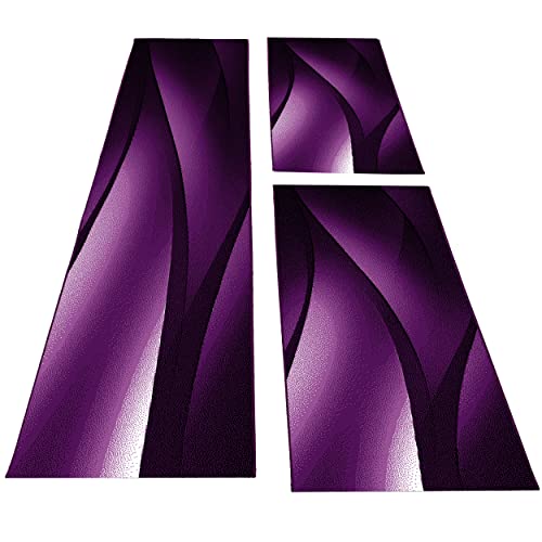 Kurzflor Läufer Set 3 Teilig Wellen Muster Weich & Soft Bettumrandung Schlafzimmer Flur Kinderzimmer Teppich 6 mm Florhöhe Farbe Schwarz Lila, Farbe:Lila, Bettset:2 mal 80x150 cm + 1 mal 80x300 cm