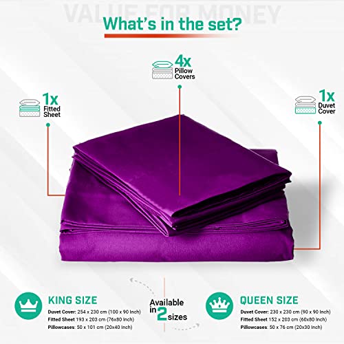 Ahmedani Linen Sexy Satin Sheet 6 Pcs Queen Bedding Set 1 Duvet Cover + 1 Fitted Sheet + 4 Pillow Cases Purple Queen #TOP3