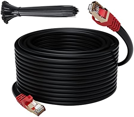 Cat 6E Cat 7 Outdoor Ethernet Cable 300 FT,Adoreen 10Gbps Heavy-Duty Shielded Internet Cable From 25-300FT,POE,SFTP,Waterproof Direct Burial&Indoor,Cat6A Cat7 Copper Network Cable RJ45 Patch Cord+Ties