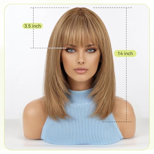 Image of RSY 14 Inch Ombre Brown mixed Blonde Straight and Layered Real Human Hair Wigs for Women with Bangs