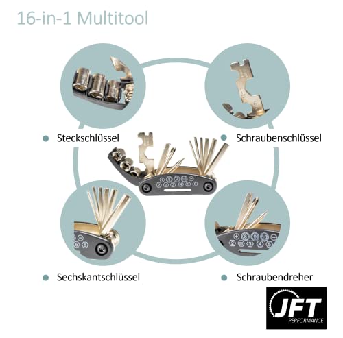 JFT Performance: Fahrradpumpe mit Multitool, Fahrradreparatur- & Werkzeugset sowie Adapter in der Fahrradpumpe; ermöglicht die Reparatur von Mountainbikes, Rennrädern und Straßenrädern - Image 3