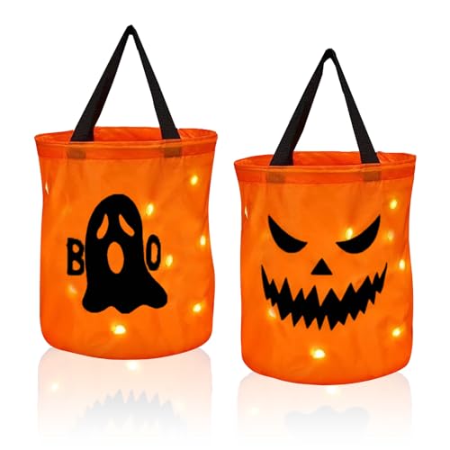 2 Stück Halloween Eimer Für SüßIgkeiten,Led Kürbis Eimer Halloween Korb Taschen Für SüßIgkeiten,Trick Or Treat Bag Tasche Kinder,Leuchtend Kürbis Candy Bag Helloween Accessoires Für Kinder Party